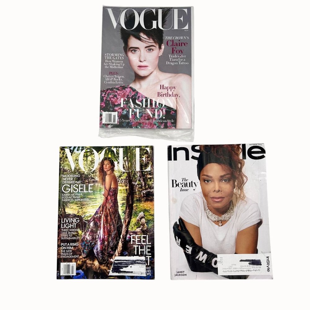 Set Of 3 Fashion Mags Vogue & InStyle Feat. Claire Foy (NIP), Gisele & Janet J